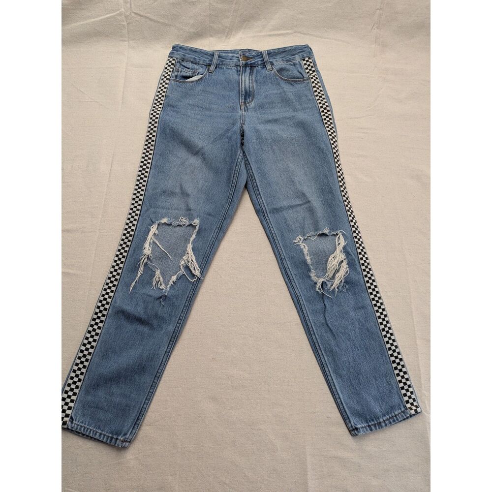 Y2K Skater Grunge Size 3 Mom Jeans Checkered Stripe Distressed Empire Denim